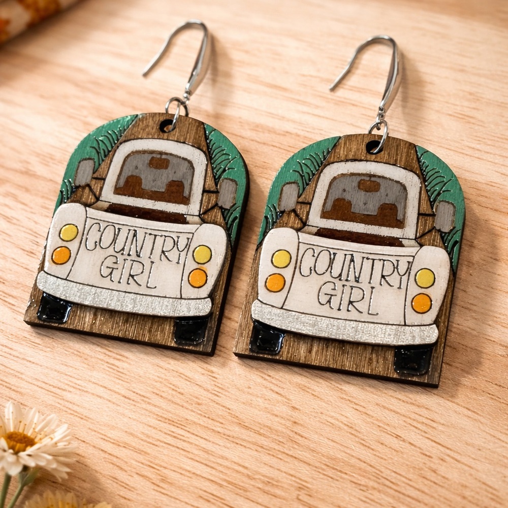 Country Girl Wooden Statement Earrings | Western Truck Dangle | Rustic Boho